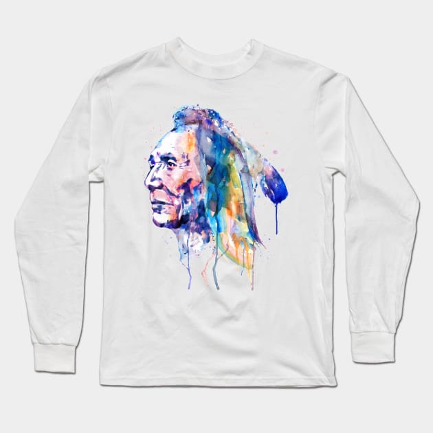 Sioux Warrior Watercolor Long Sleeve T-Shirt by Marian Voicu